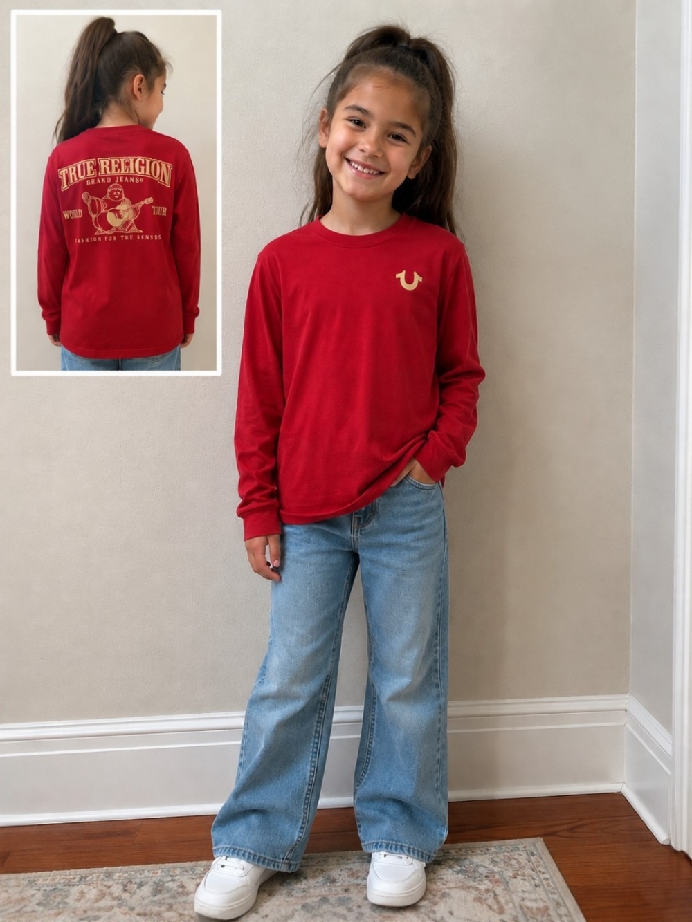True Religion Kids Red Long Sleeve Shirt Size Small 100% Cotton Horseshoe Logo